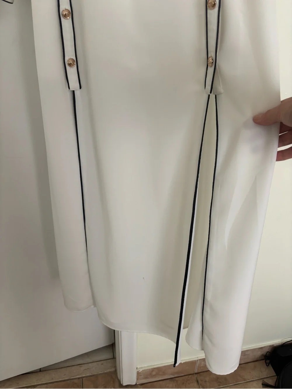 Self-Portrait Cream Long Sleeve Shirt Maxi Dress with Black Piping - Picture 3 of 12